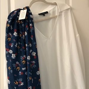 White Blouse/Navy Blue Floral Midi Skirt